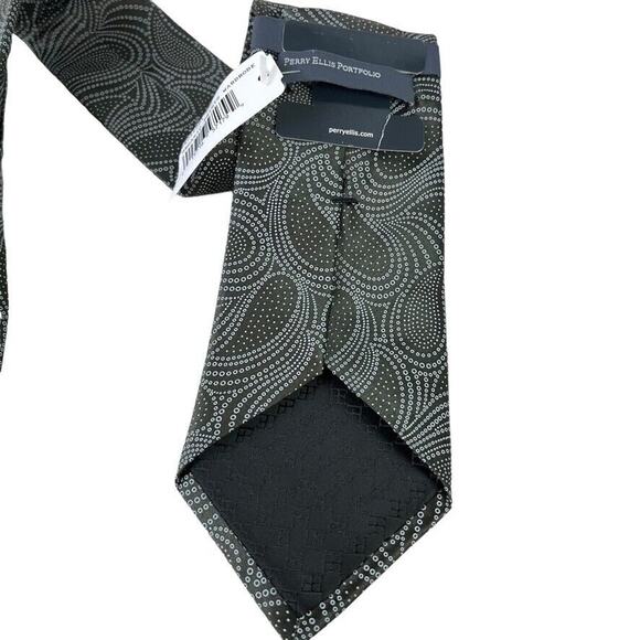 Perry Ellis Portfolio Mens Gray Olive Paisley 100% Silk Hand Made Necktie Tie - Picture 16 of 16